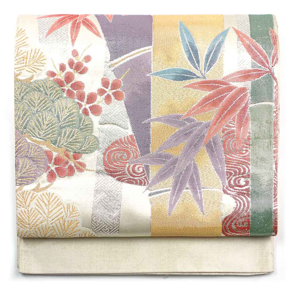 袋帯 リサイクル帯 幅31cm 長さ452cm レディース 笹 秋冬春用 正絹（シルク）シルバー 未使用品 リメイク リユース【ランクS】