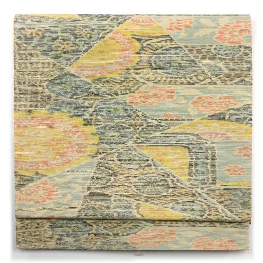 袋帯 リサイクル帯 幅31cm 長さ453cm レディース 連続模様 秋冬春用 正絹（シルク）グレー 未使用品 リメイク リユース【ランクS】