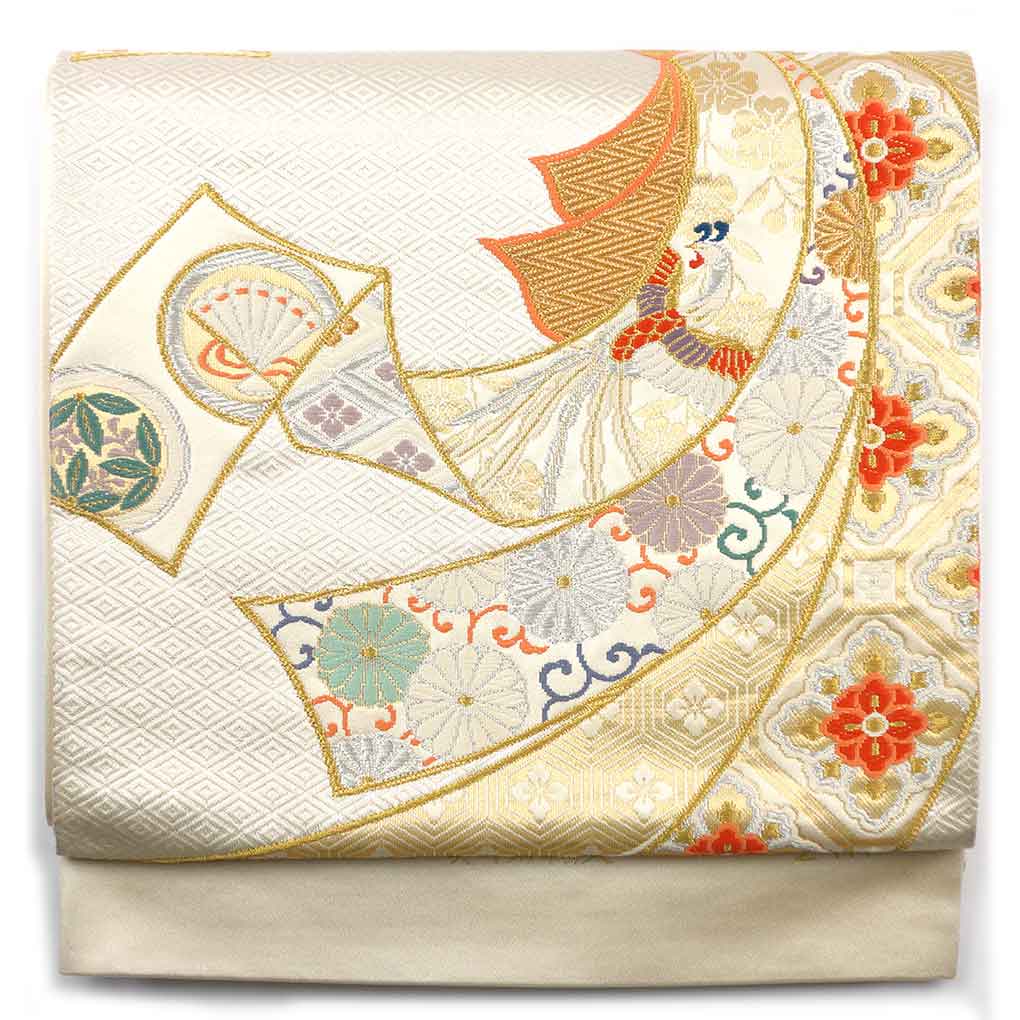 袋帯 リサイクル帯 幅30cm 長さ444cm レディース 束ね熨斗 秋冬春用 正絹（シルク）シルバー 美品 リメイク リユース【ランクA】