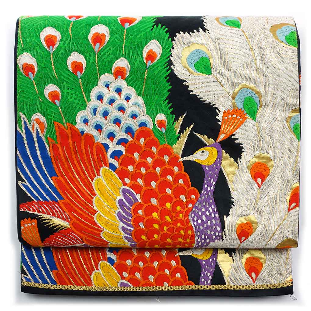 袋帯 リサイクル帯 幅30cm 長さ416cm レディース 鳥柄 秋冬春用 正絹（シルク）ブラック 美品 リメイク リユース【ランクA】