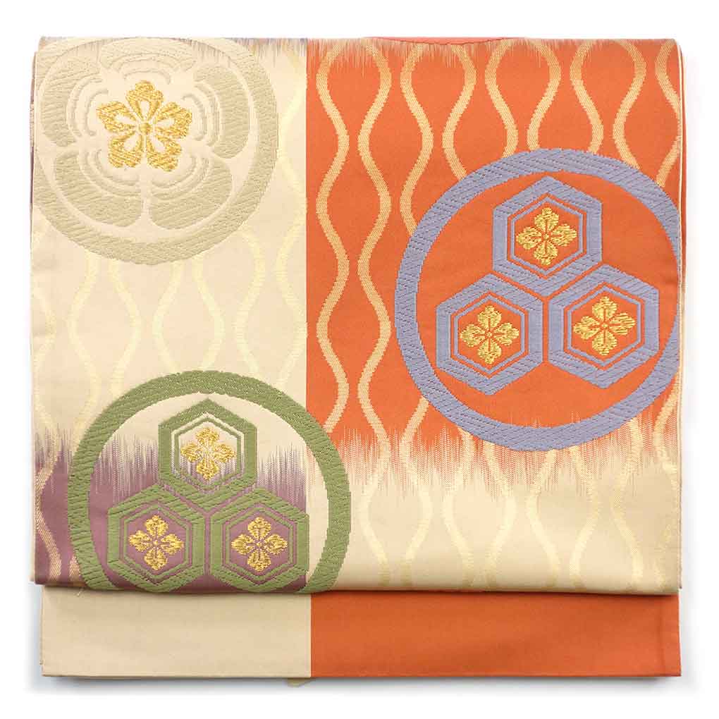 袋帯 リサイクル帯 幅31.5cm 長さ440cm レディース 立涌 秋冬春用 正絹（シルク）ベージュ 未使用品 リメイク リユース【ランクS】