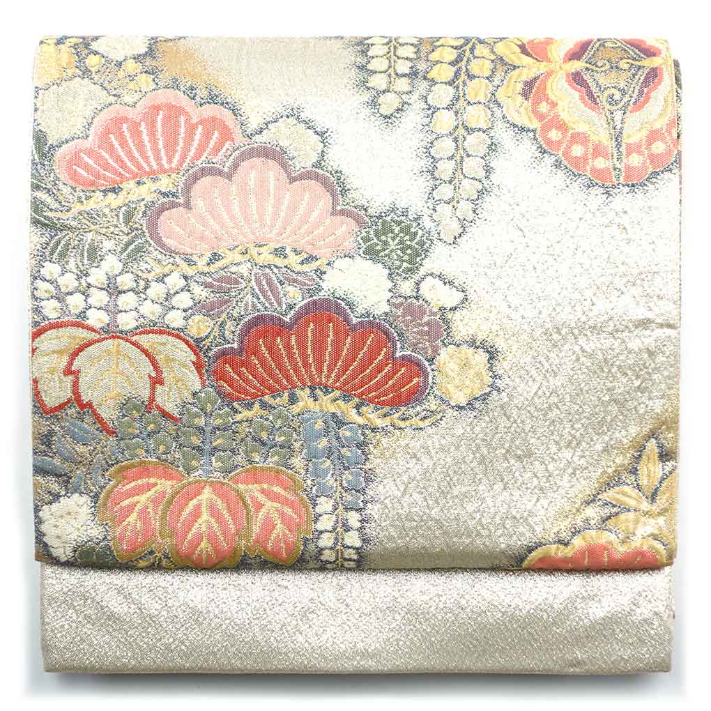 袋帯 リサイクル帯 幅30.5cm 長さ447cm レディース 花柄 秋冬春用 正絹（シルク）シルバー 美品 リメイク リユース【ランクA】