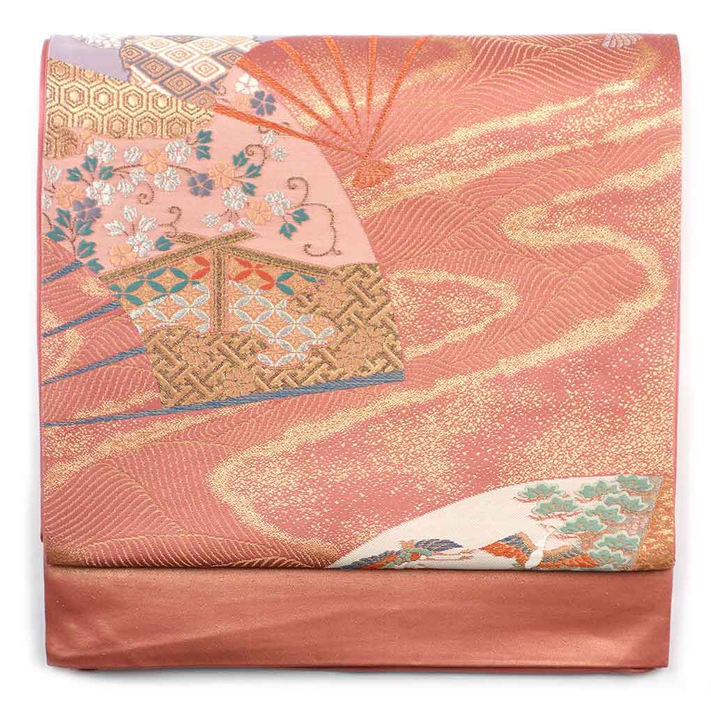 袋帯 リサイクル帯 幅31cm 長さ437cm レディース 扇面 秋冬春用 正絹（シルク）ブラウン 未使用品 リメイク リユース【ランクS】