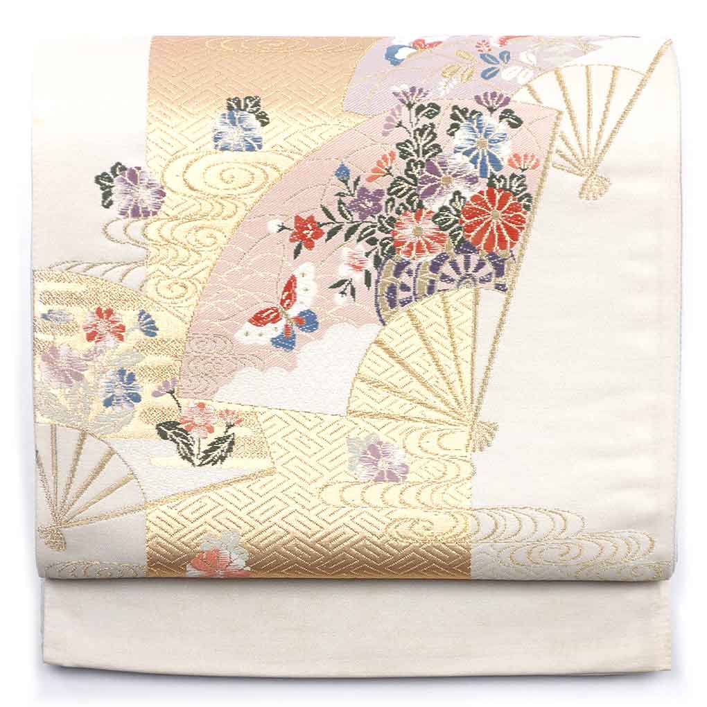 袋帯 リサイクル帯 幅31cm 長さ450cm レディース 扇面 秋冬春用 正絹（シルク）グレー 美品 リメイク リユース【ランクA】