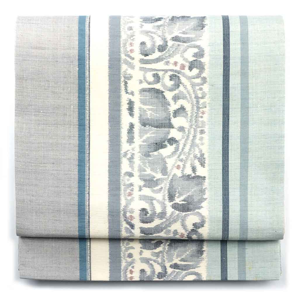 袋帯 リサイクル帯 幅30.5cm 長さ440cm レディース 花柄 秋冬春用 正絹（シルク）グレー やや難 リメイク リユース【ランクB】