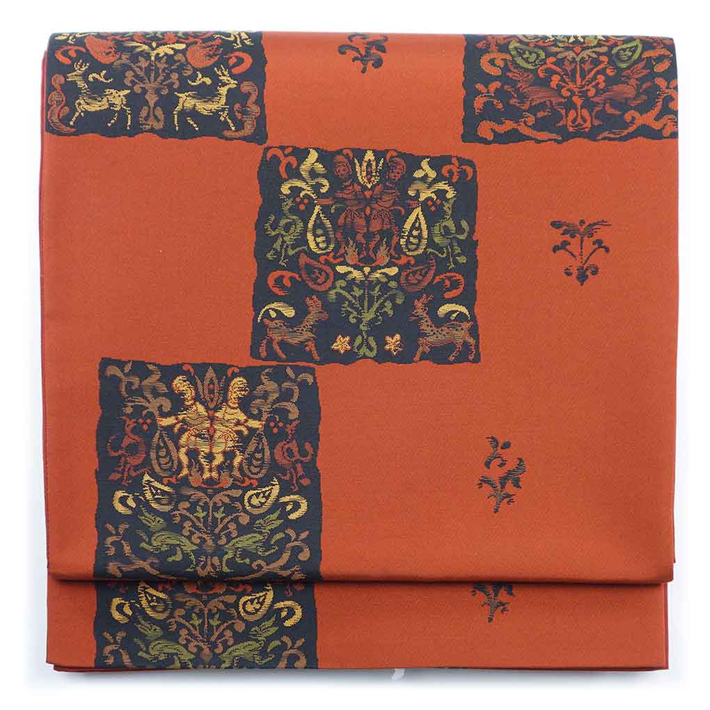 袋帯 リサイクル帯 幅31cm 長さ435cm レディース 連続模様 秋冬春用 正絹（シルク）ブラウン 美品 リメイク リユース【ランクA】