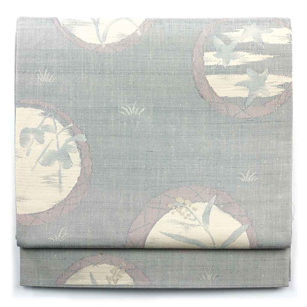 袋帯 リサイクル帯 幅31cm 長さ430cm レディース 花柄 秋冬春用 正絹（シルク）グレー 未使用品 リメイク リユース【ランクS】