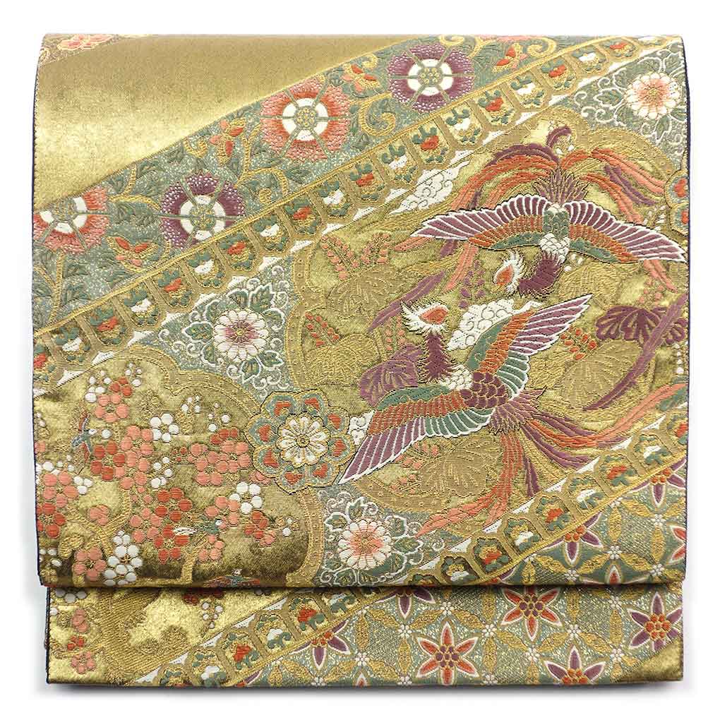袋帯 リサイクル帯 幅30.5cm 長さ427cm レディース 鳳凰 秋冬春用 正絹（シルク）ゴールド 美品 リメイク リユース【ランクA】