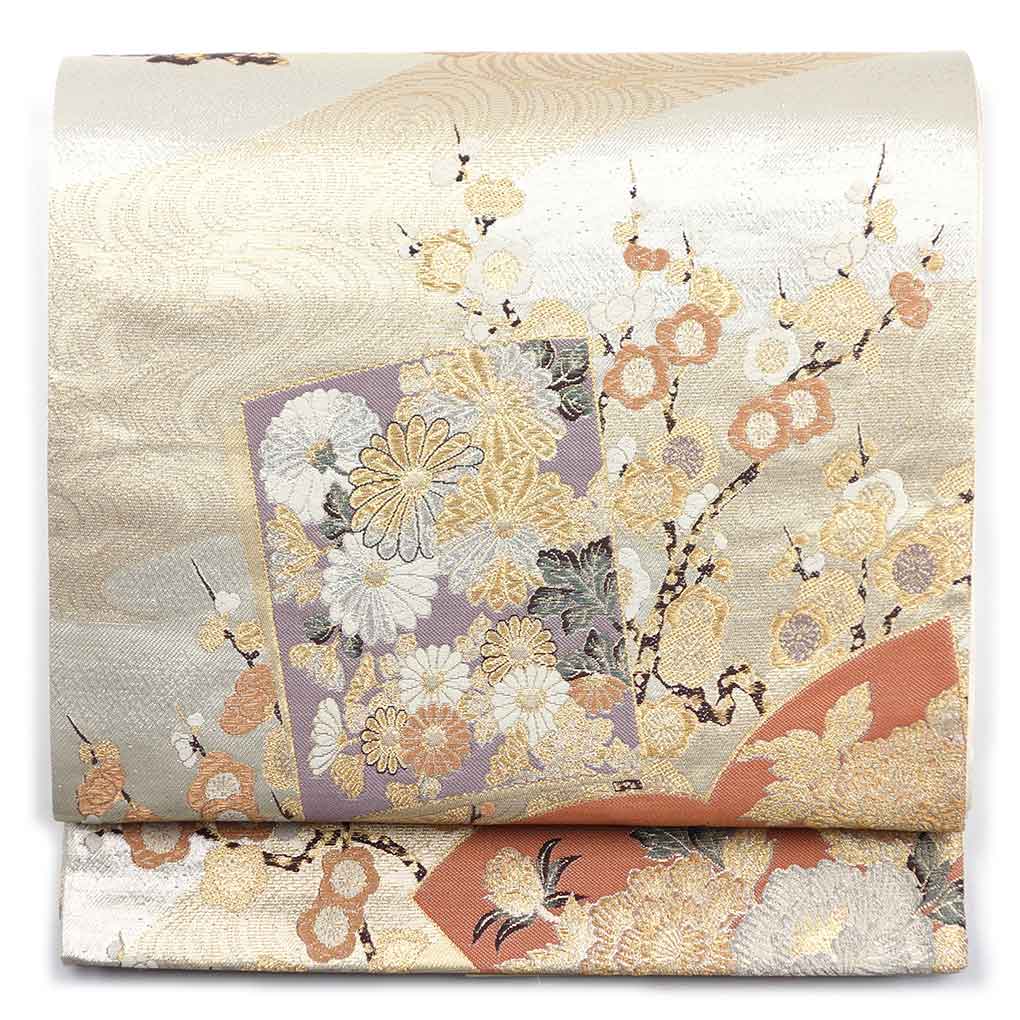 袋帯 リサイクル帯 幅31cm 長さ440cm レディース 扇面 秋冬春用 正絹（シルク）ゴールド 美品 リメイク リユース【ランクA】