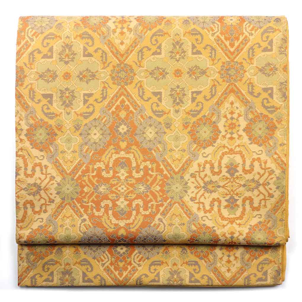 袋帯 リサイクル帯 幅31cm 長さ420cm レディース 連続模様 秋冬春用 正絹（シルク）ブラウン 美品 リメイク リユース【ランクA】