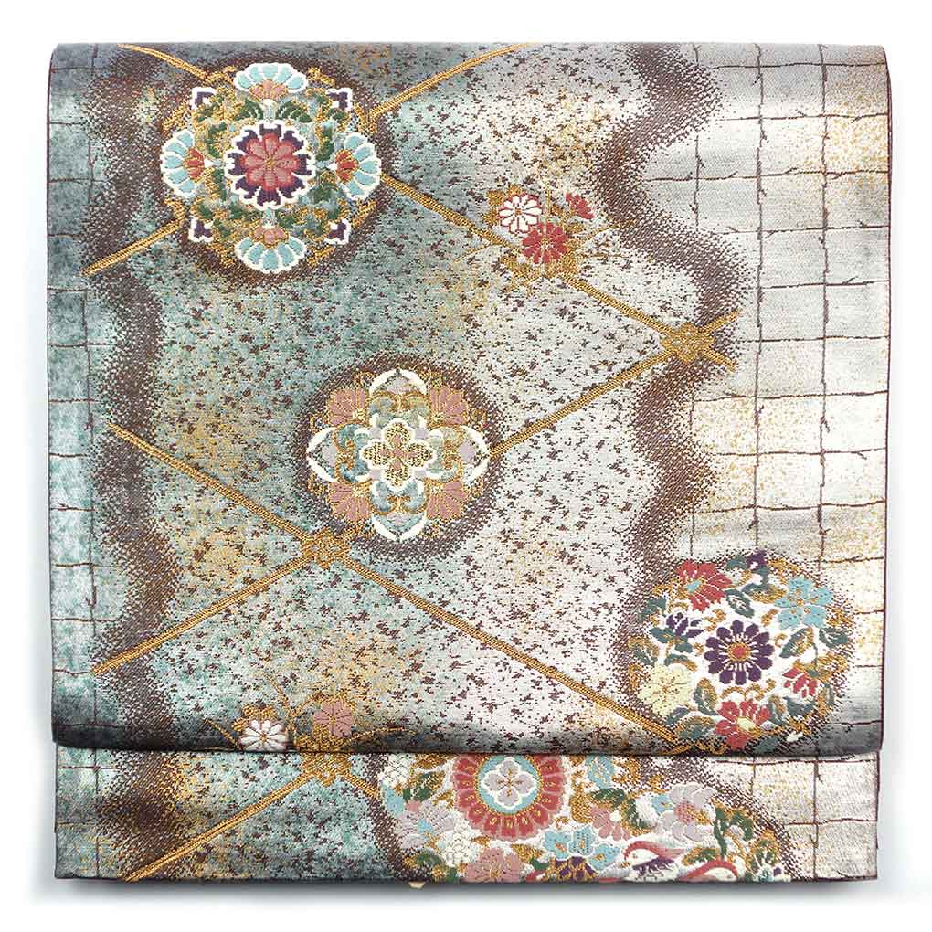 袋帯 リサイクル帯 幅31cm 長さ440cm レディース 花柄 秋冬春用 正絹（シルク）シルバー 美品 リメイク リユース【ランクA】