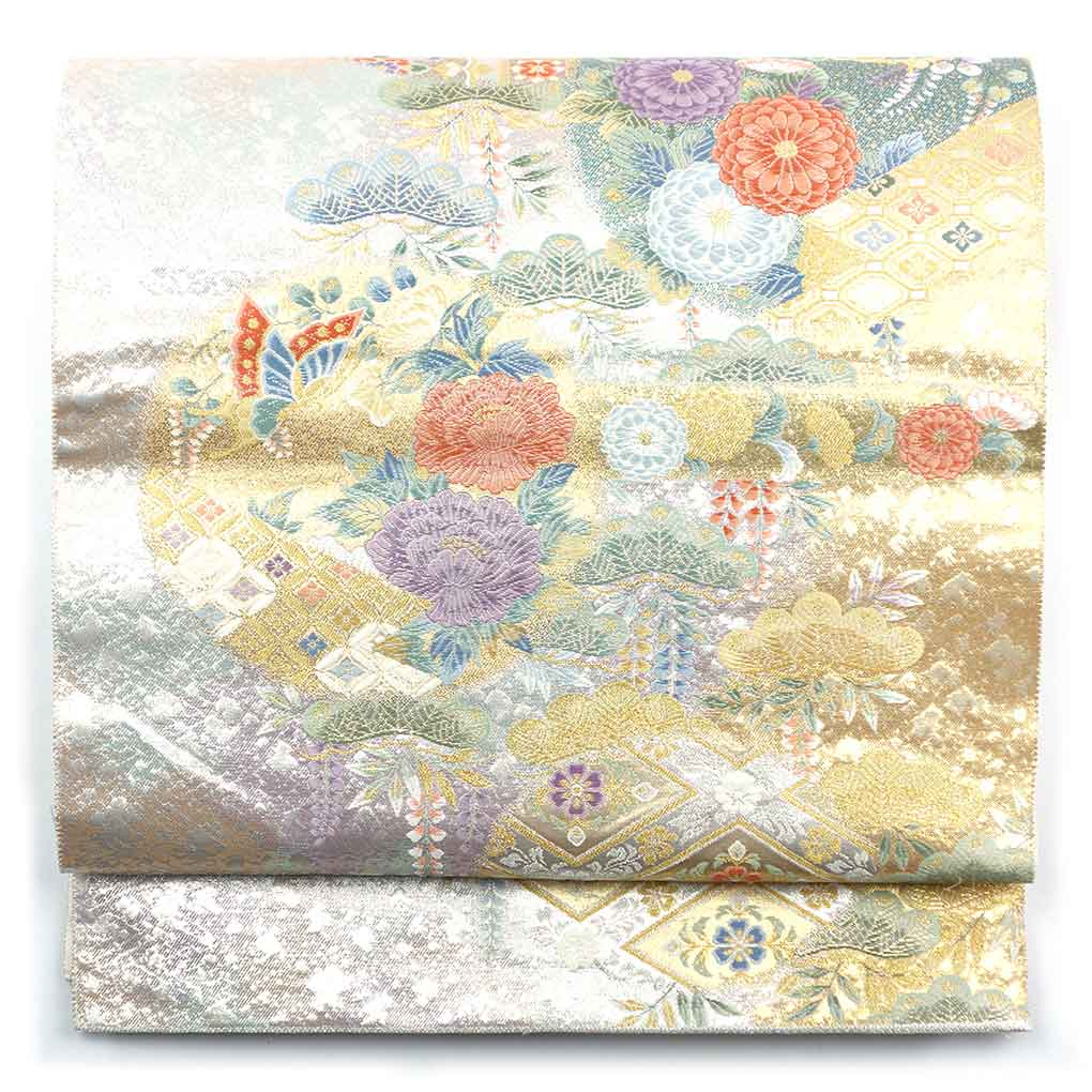 袋帯 リサイクル帯 幅30.5cm 長さ435cm レディース 花柄 秋冬春用 正絹（シルク）シルバー 美品 リメイク リユース【ランクA】