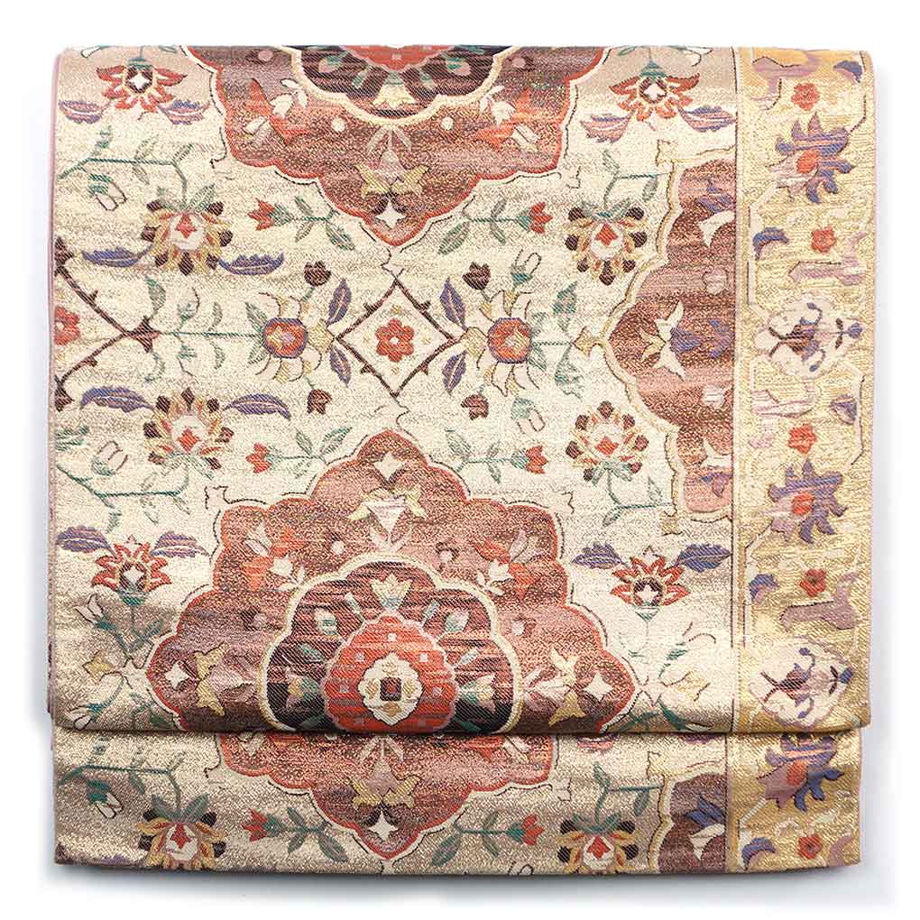 袋帯 リサイクル帯 幅30.5cm 長さ430cm レディース 連続模様 秋冬春用 正絹（シルク）ゴールド やや難 リメイク リユース【ランクB】