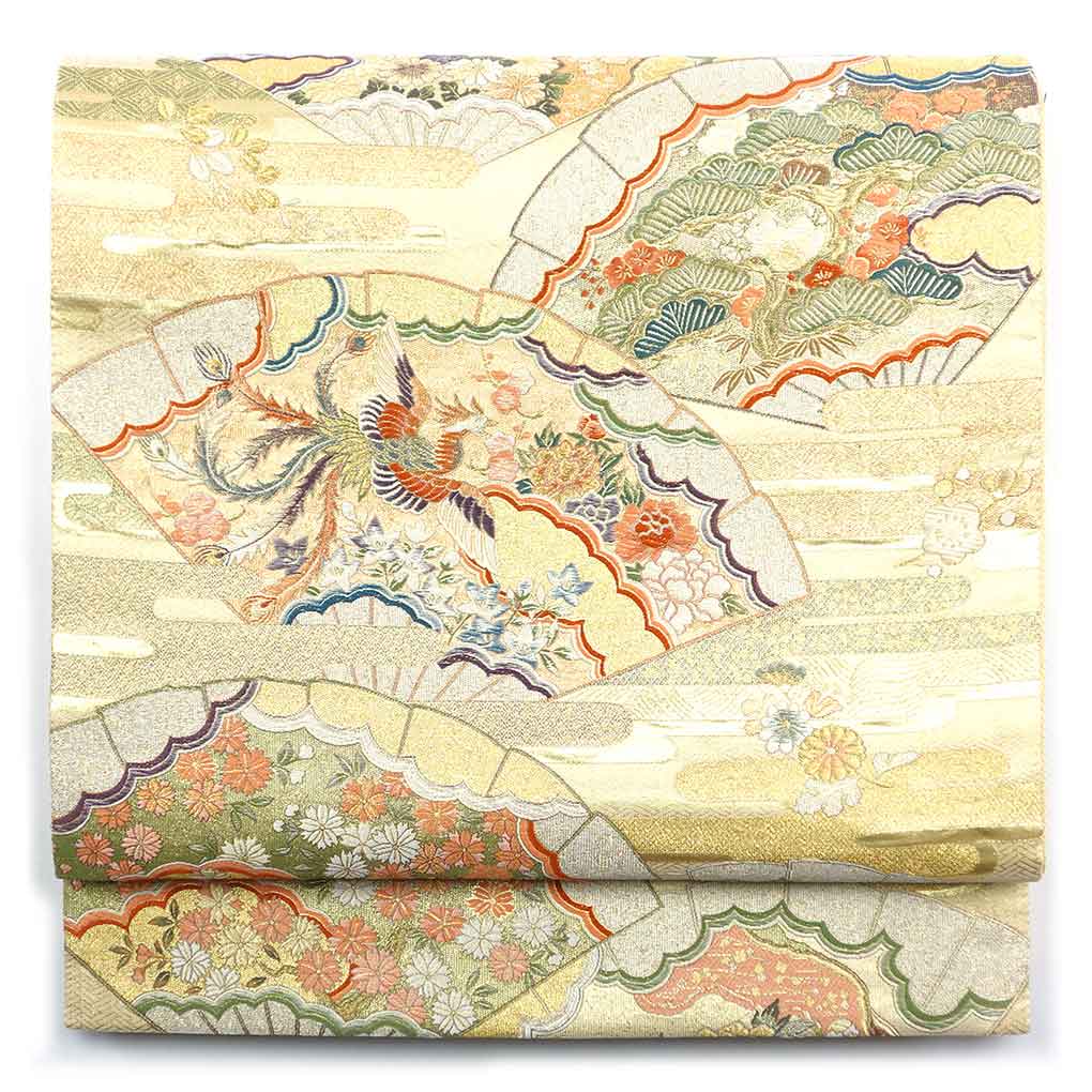 袋帯 リサイクル帯 幅31cm 長さ432cm レディース 扇面 秋冬春用 正絹（シルク）ゴールド 未使用品 リメイク リユース【ランクS】