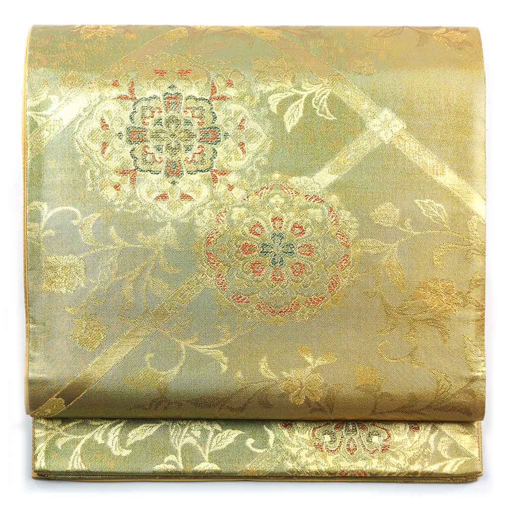 袋帯 リサイクル帯 幅31cm 長さ444cm レディース 正倉院文様 秋冬春用 正絹（シルク）ゴールド 未使用品 リメイク リユース【ランクS】