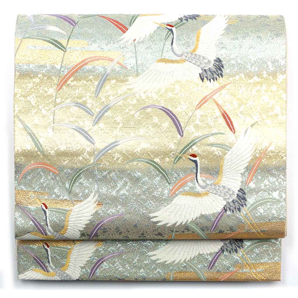 袋帯 リサイクル帯 幅30.5cm 長さ417cm レディース 鶴 秋冬春用 正絹（シルク）ゴールド 未使用品 リメイク リユース【ランクS】