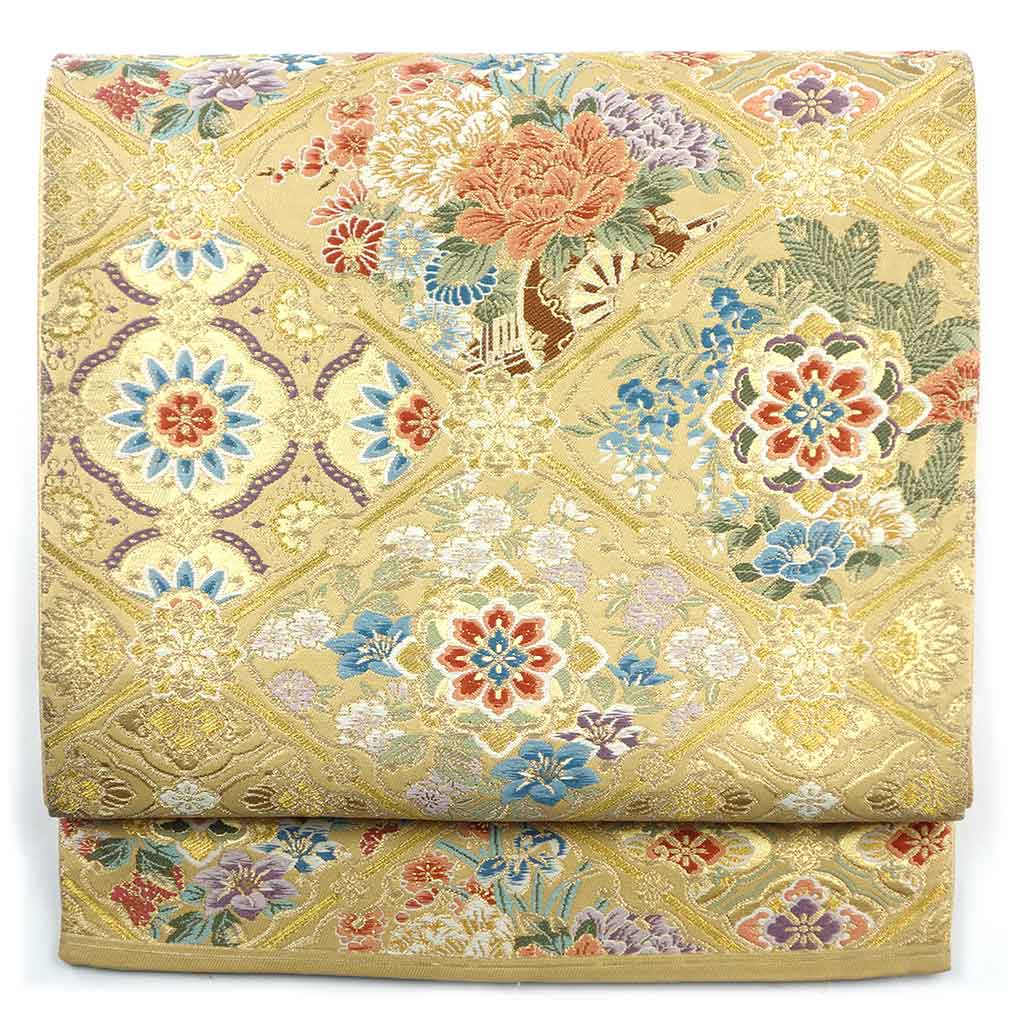 袋帯 リサイクル帯 幅30.5cm 長さ432cm レディース 花柄 秋冬春用 正絹（シルク）ゴールド 美品 リメイク リユース【ランクA】