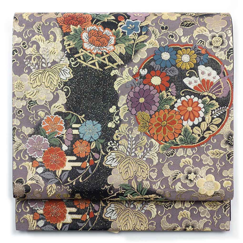 袋帯 リサイクル帯 幅30.5cm 長さ426cm レディース 花柄 秋冬春用 正絹（シルク）ブラック 美品 リメイク リユース【ランクA】