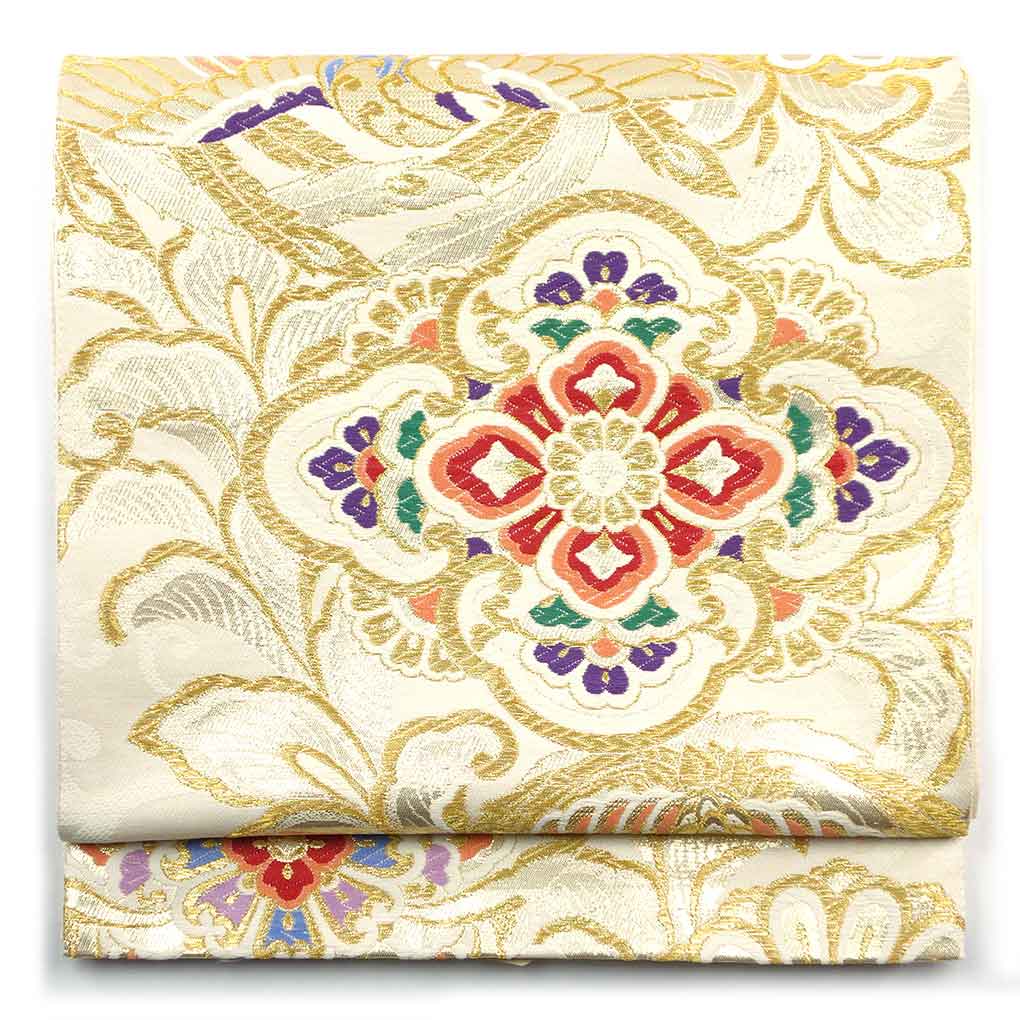 袋帯 リサイクル帯 幅31cm 長さ445cm レディース 花菱 秋冬春用 正絹（シルク）ゴールド 美品 リメイク リユース【ランクA】