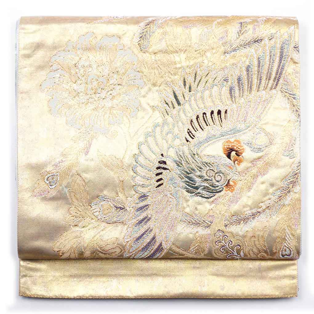 袋帯 リサイクル帯 幅31cm 長さ433cm レディース 鳳凰 秋冬春用 正絹（シルク）ゴールド 美品 リメイク リユース【ランクA】