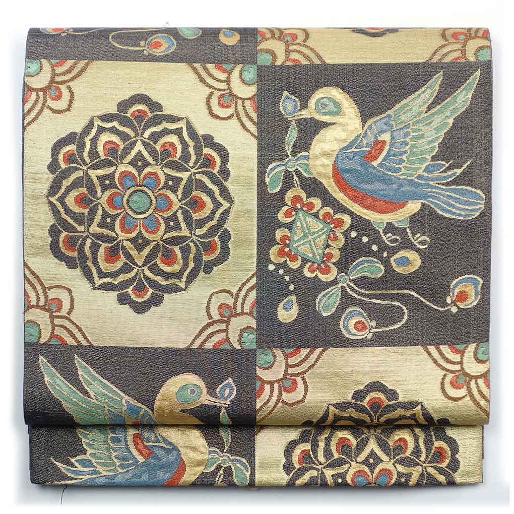 袋帯 リサイクル帯 幅30.5cm 長さ442cm レディース 市松 秋冬春用 正絹（シルク）ゴールド 美品 リメイク リユース【ランクA】