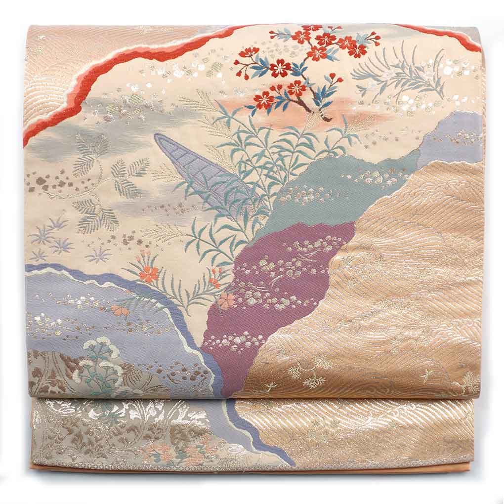 袋帯 リサイクル帯 幅30.5cm 長さ412cm レディース 花柄 秋冬春用 正絹（シルク）オレンジ 美品 リメイク リユース【ランクA】