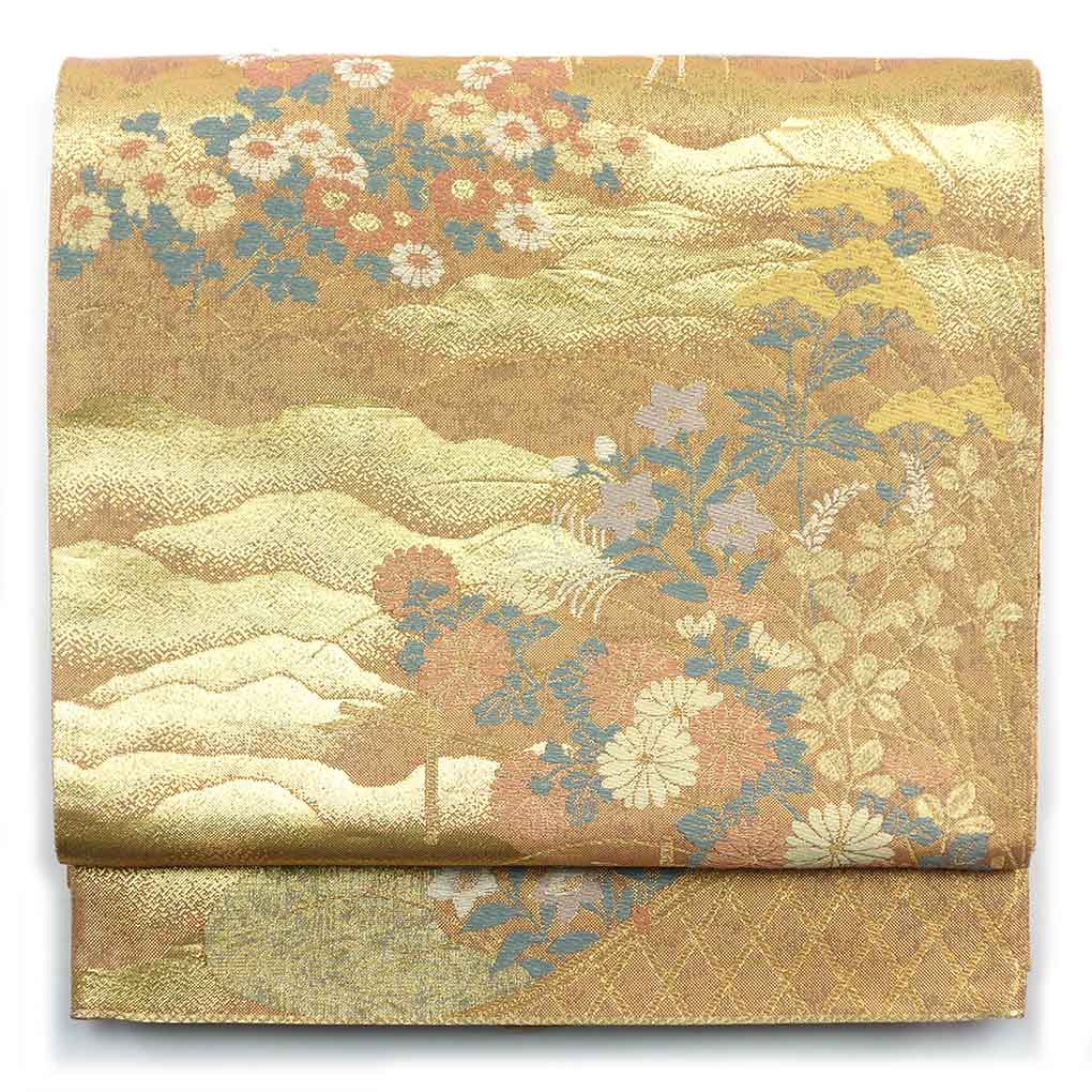 袋帯 リサイクル帯 幅30.5cm 長さ445cm レディース 花柄 秋冬春用 正絹（シルク）ゴールド 美品 リメイク リユース【ランクA】