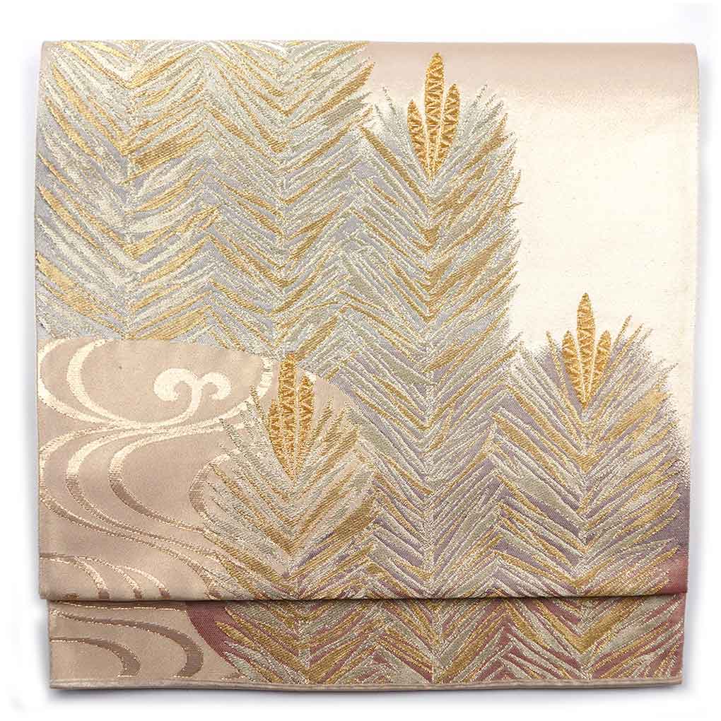 袋帯 リサイクル帯 幅31cm 長さ430cm レディース 松 秋冬春用 正絹（シルク）ゴールド 美品 リメイク リユース【ランクA】