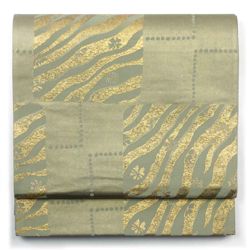 袋帯 リサイクル帯 幅31cm 長さ428cm レディース 抽象柄 秋冬春用 正絹（シルク）グリーン 未使用品 リメイク リユース【ランクS】