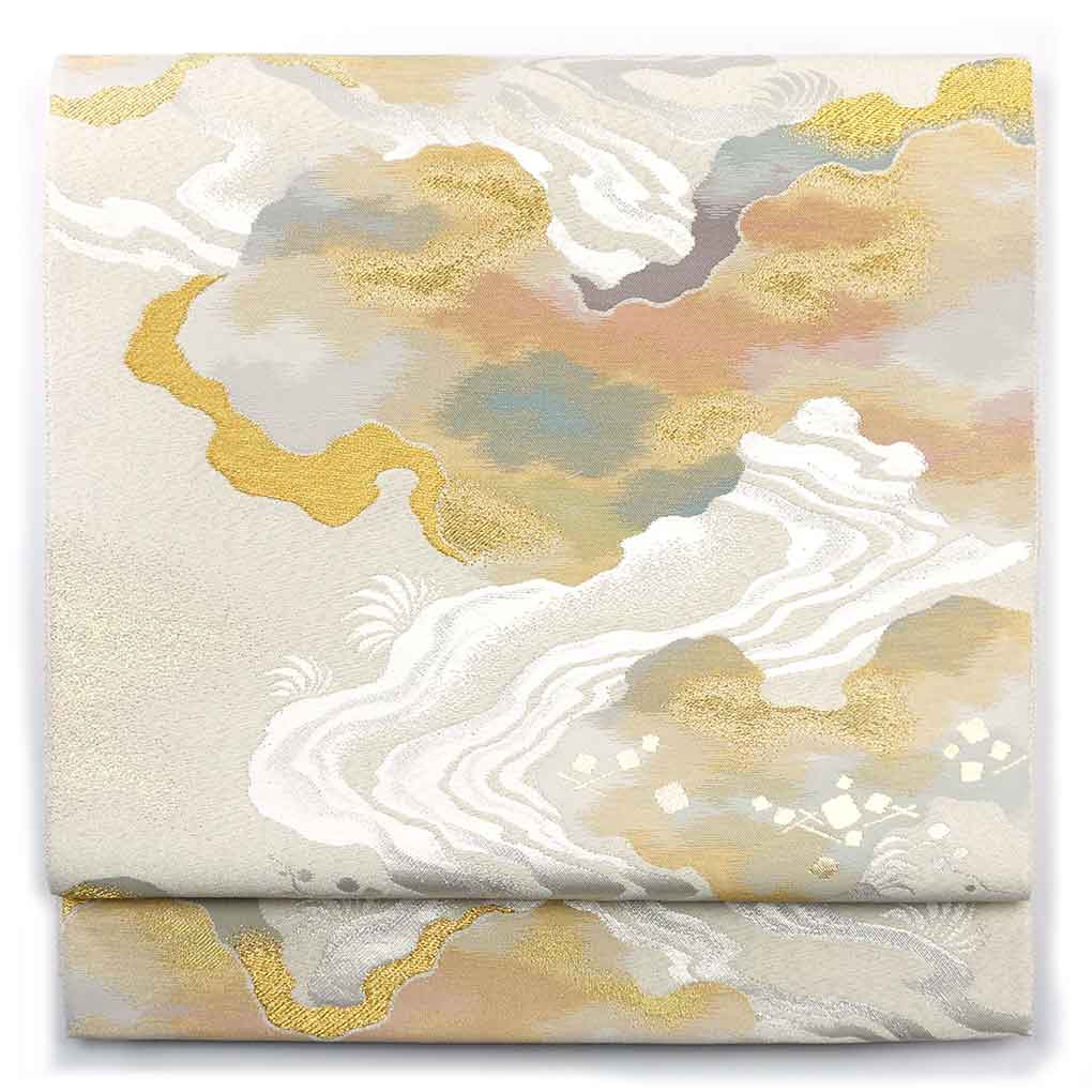 袋帯 リサイクル帯 幅31cm 長さ436cm レディース 雲取り 秋冬春用 正絹（シルク）ホワイト 未使用品 リメイク リユース【ランクS】