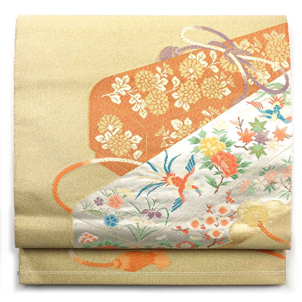 袋帯 リサイクル帯 幅30cm 長さ444cm レディース 文箱 秋冬春用 正絹（シルク）ゴールド 美品 リメイク リユース【ランクA】