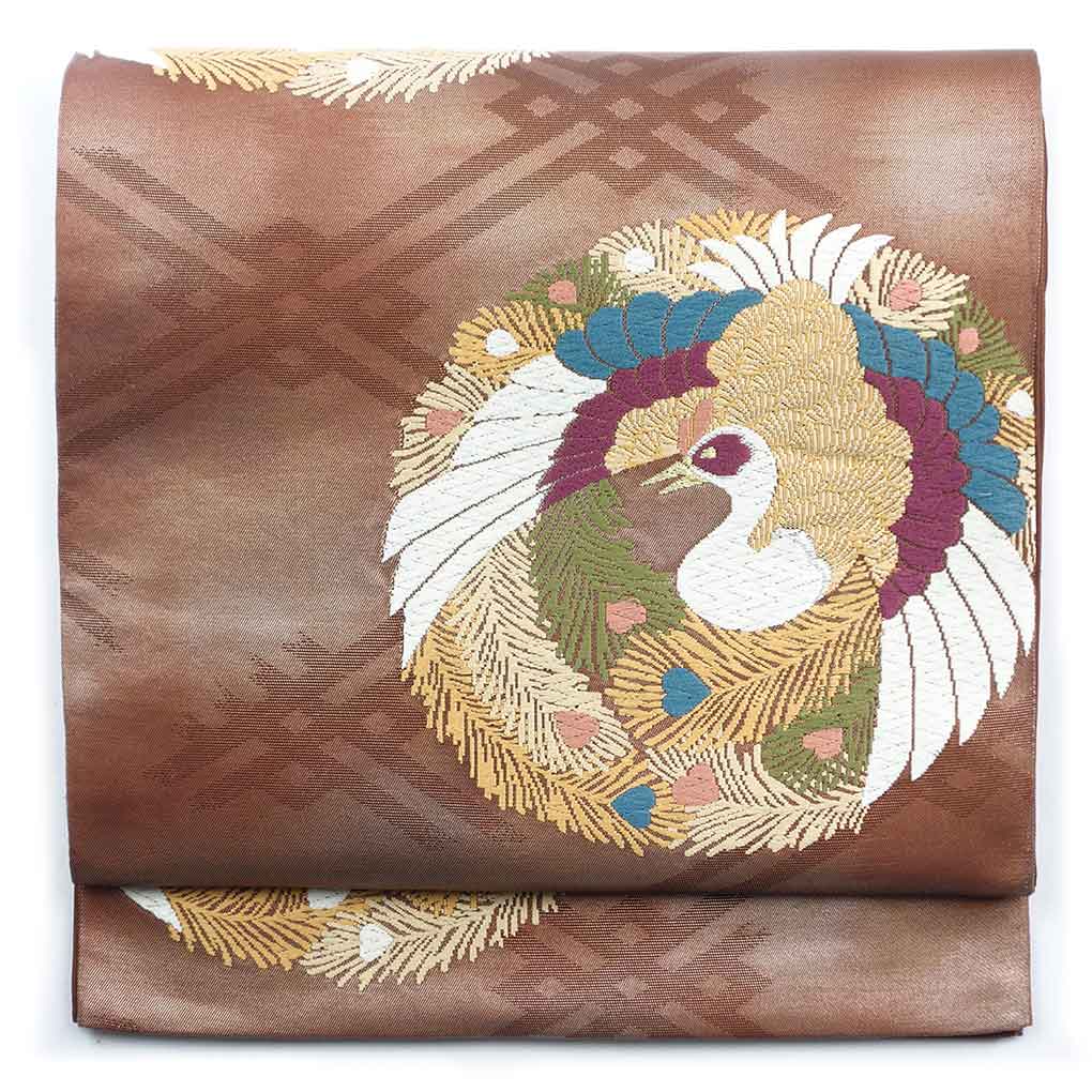 袋帯 リサイクル帯 幅31cm 長さ420cm レディース 鶴 秋冬春用 正絹（シルク）ブラウン 美品 リメイク リユース【ランクA】