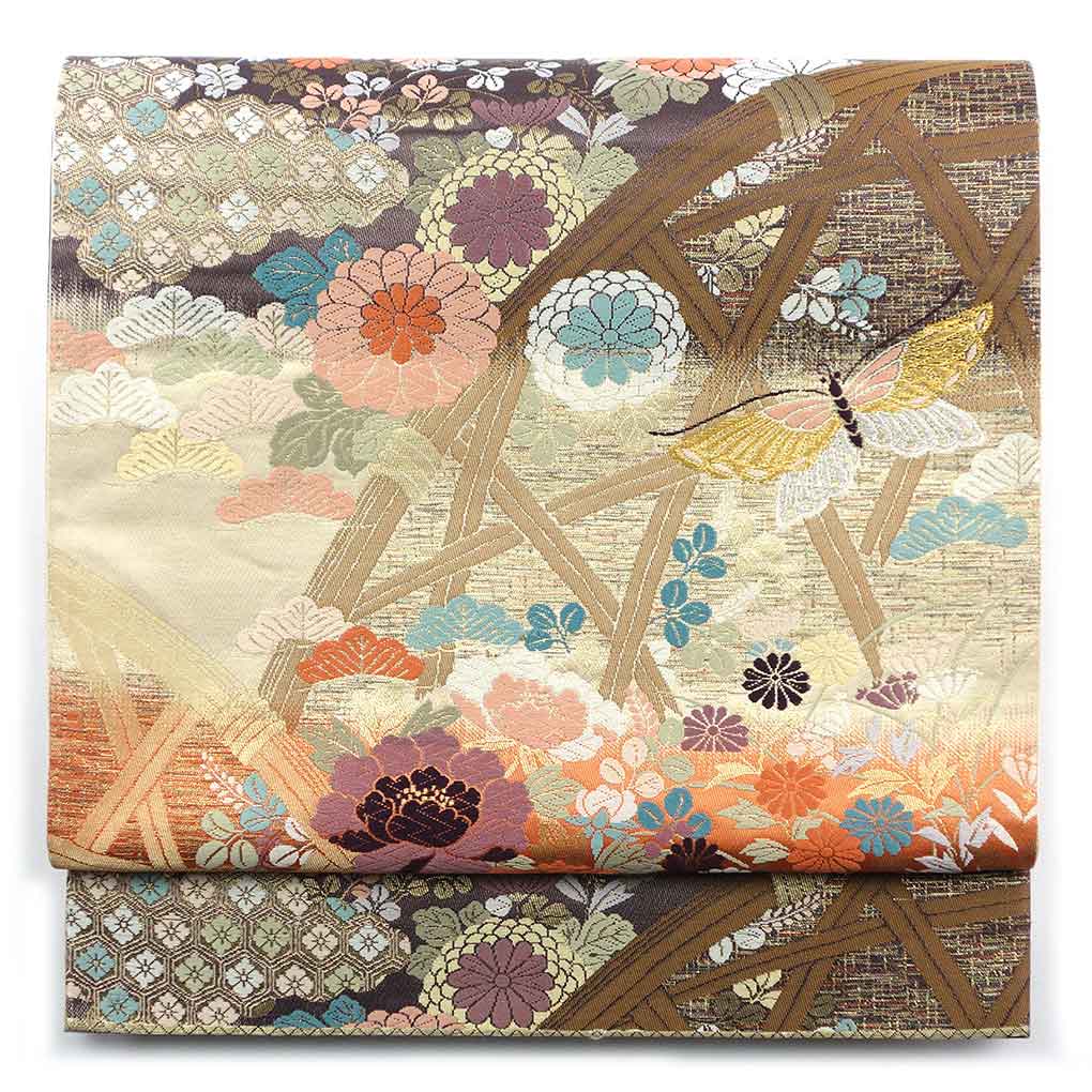 袋帯 リサイクル帯 幅30.5cm 長さ422cm レディース 花柄 秋冬春用 正絹（シルク）ブラウン 美品 リメイク リユース【ランクA】