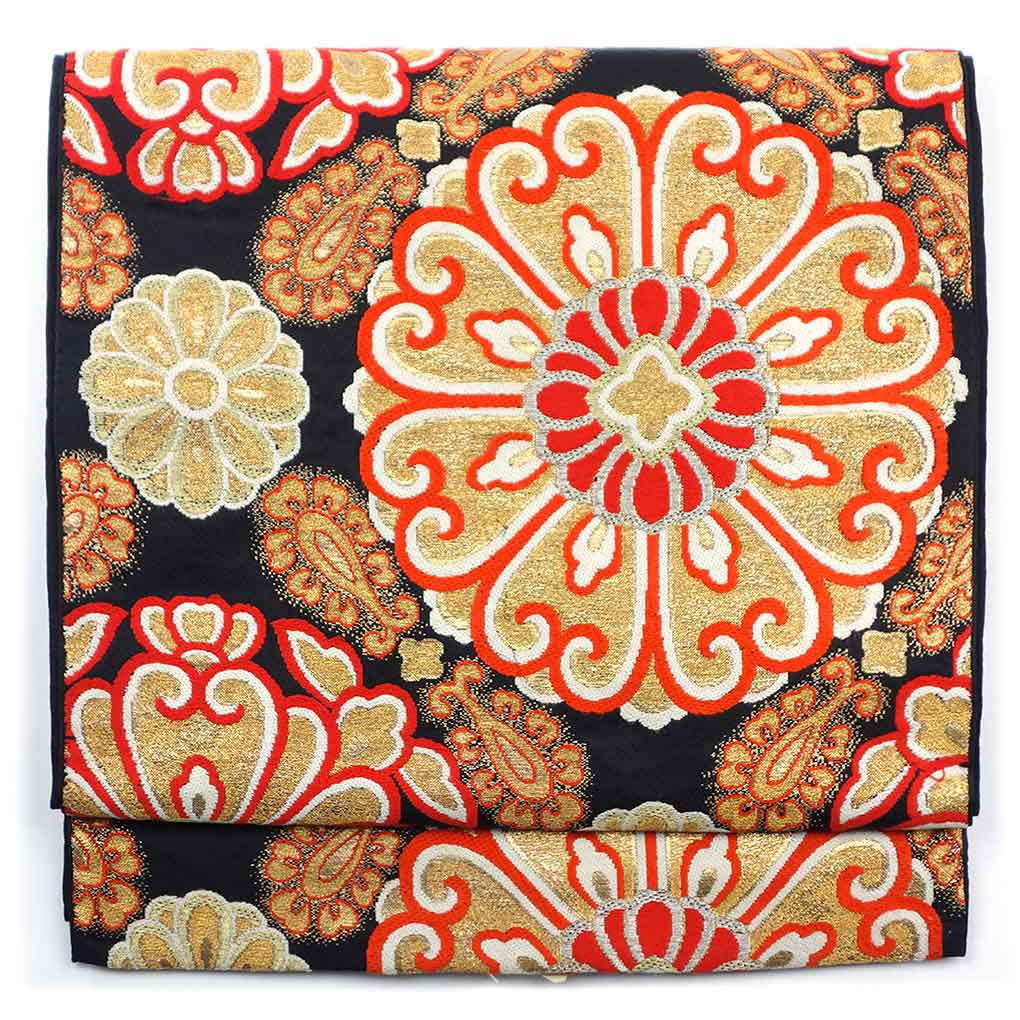 袋帯 リサイクル帯 幅31cm 長さ415cm レディース 花柄 秋冬春用 正絹（シルク）ブラック 美品 リメイク リユース【ランクA】