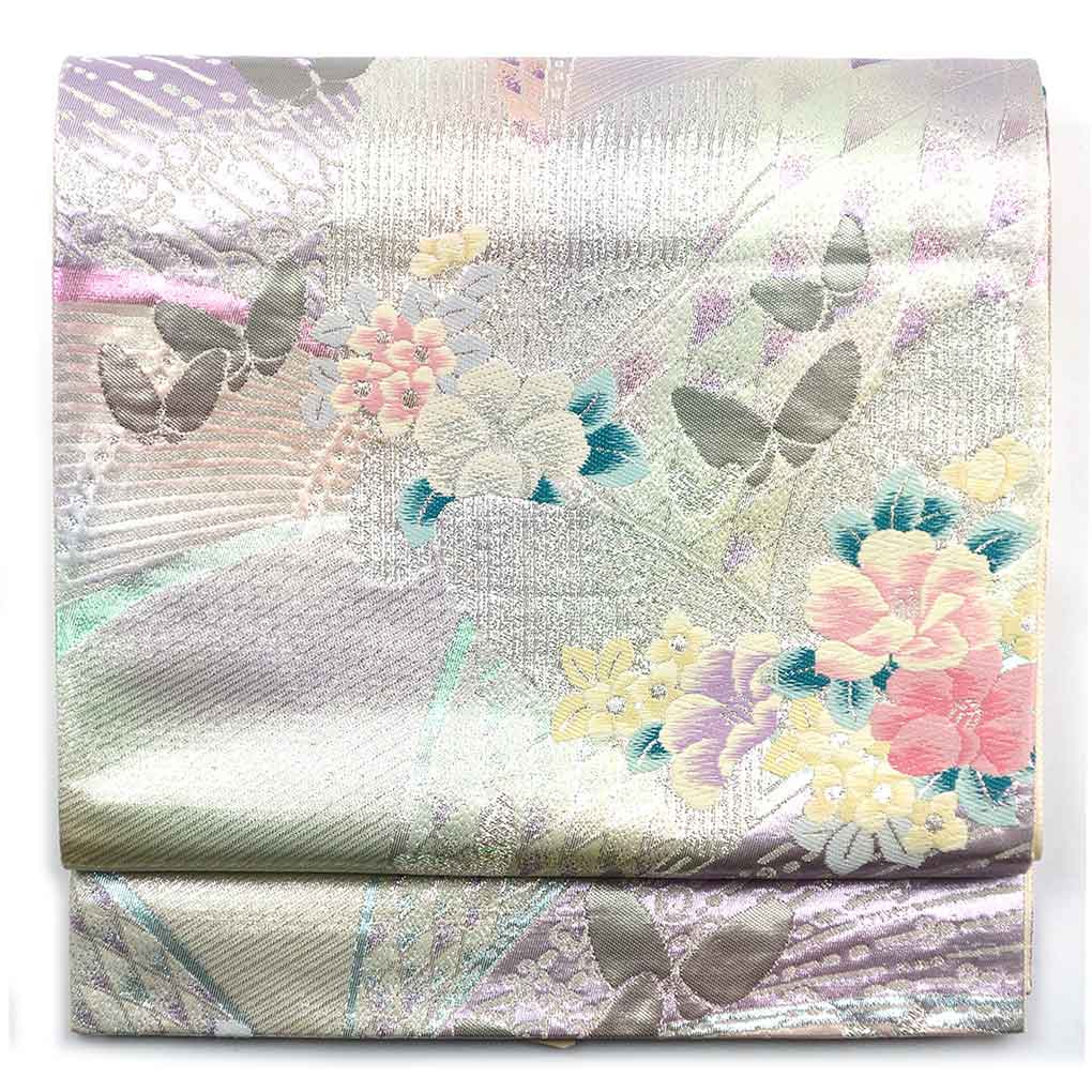 袋帯 リサイクル帯 幅31cm 長さ435cm レディース 花柄 秋冬春用 正絹（シルク）シルバー やや難 リメイク リユース【ランクB】