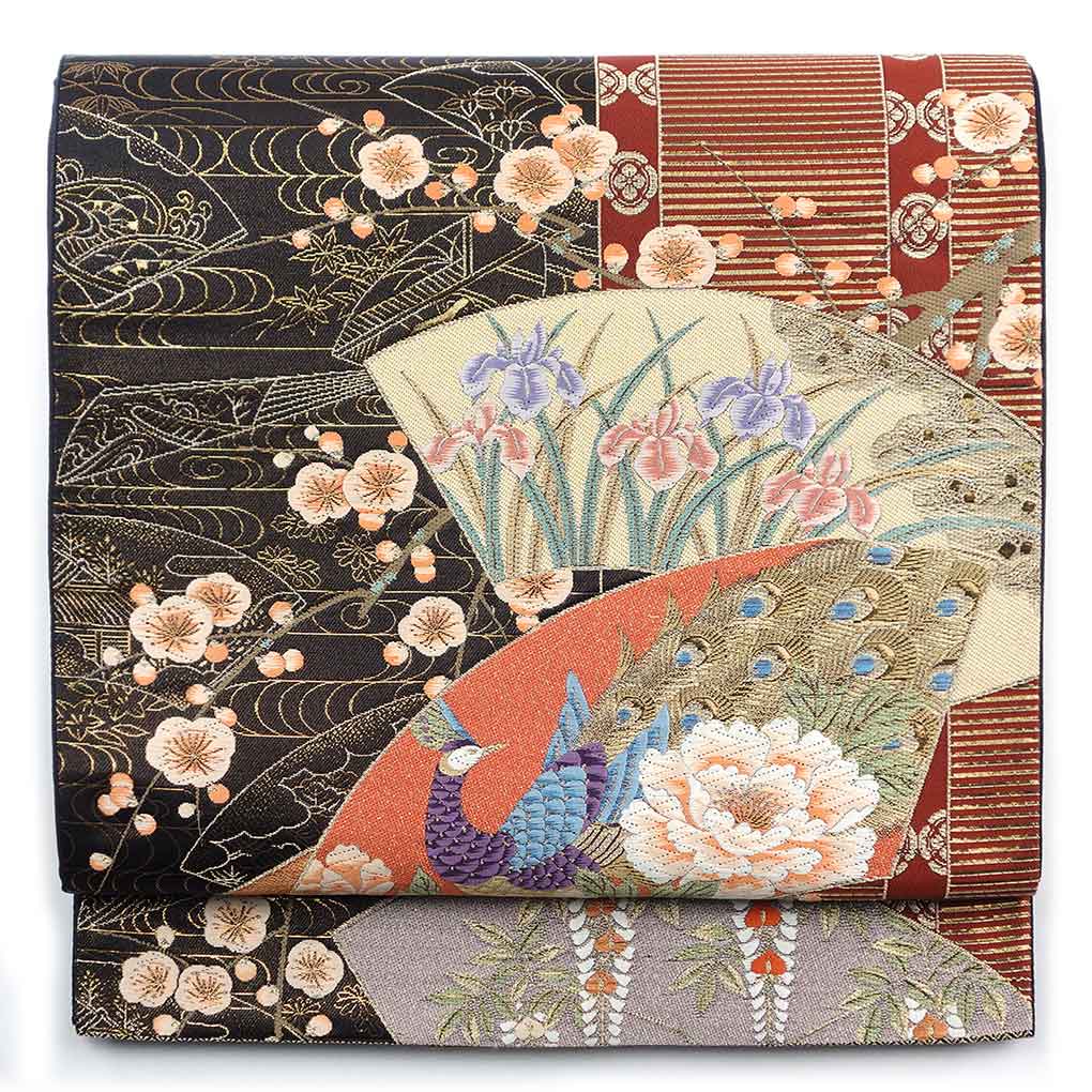 袋帯 リサイクル帯 幅30.5cm 長さ418cm レディース 扇面 秋冬春用 正絹（シルク）ブラック 美品 リメイク リユース【ランクA】