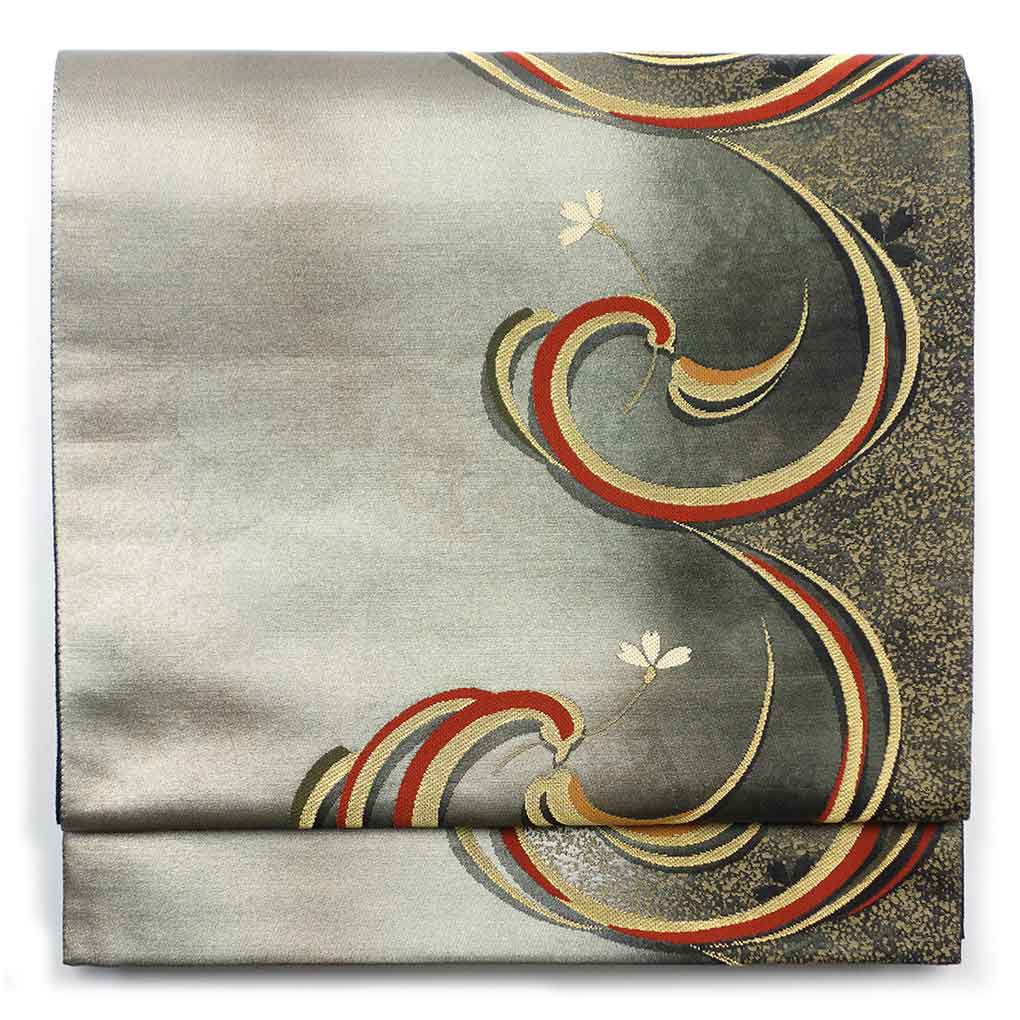 袋帯 リサイクル帯 幅31cm 長さ431cm レディース 抽象柄 秋冬春用 正絹（シルク）グリーン 美品 リメイク リユース【ランクA】