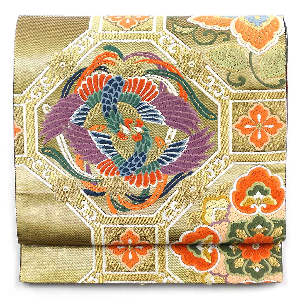 袋帯 リサイクル帯 幅31cm 長さ440cm レディース 鳳凰 秋冬春用 正絹（シルク）ゴールド 未使用品 リメイク リユース【ランクS】
