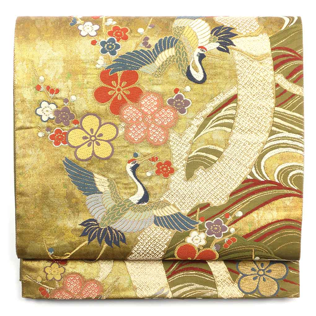 袋帯 リサイクル帯 幅31cm 長さ435cm レディース 鶴 秋冬春用 正絹（シルク）グリーン 美品 リメイク リユース【ランクA】