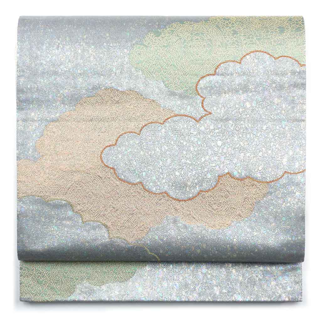 袋帯 リサイクル帯 幅31cm 長さ440cm レディース 雲取り 秋冬春用 正絹（シルク）シルバー 美品 リメイク リユース【ランクA】