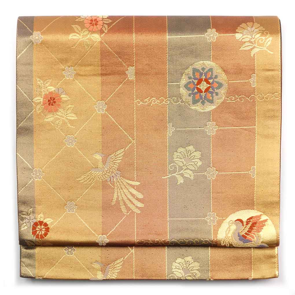 袋帯 リサイクル帯 幅31cm 長さ437cm レディース 鳳凰 秋冬春用 正絹（シルク）ブラウン 美品 リメイク リユース【ランクA】