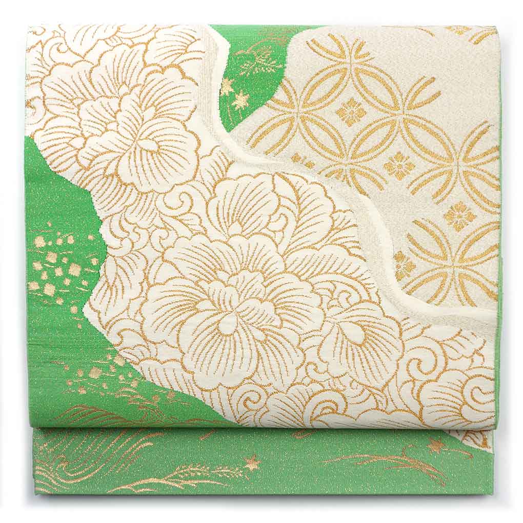 袋帯 リサイクル帯 幅31cm 長さ432cm レディース 花柄 秋冬春用 正絹（シルク）グリーン 美品 リメイク リユース【ランクA】