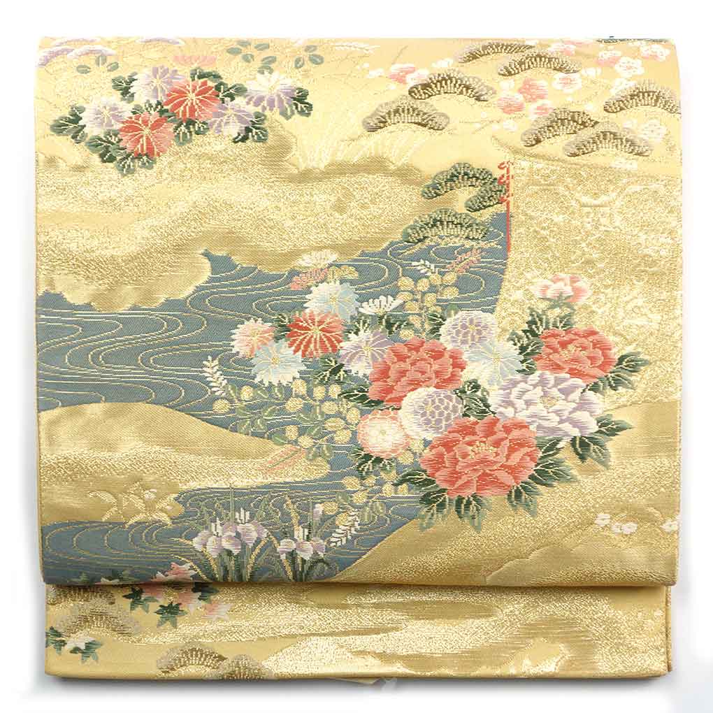 袋帯 リサイクル帯 幅30.5cm 長さ439cm レディース 花柄 秋冬春用 正絹（シルク）ゴールド 未使用品 三幸織物 リメイク リユース【ランクS】
