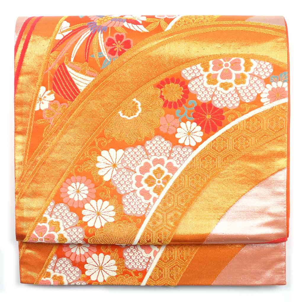 袋帯 リサイクル帯 幅30.5cm 長さ440cm レディース 花柄 秋冬春用 正絹（シルク）オレンジ 美品 リメイク リユース【ランクA】