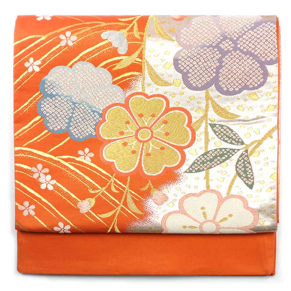 袋帯 リサイクル帯 幅31cm 長さ435cm レディース 花柄 秋冬春用 正絹（シルク）オレンジ 未使用品 服部織物 リメイク リユース【ランクS】