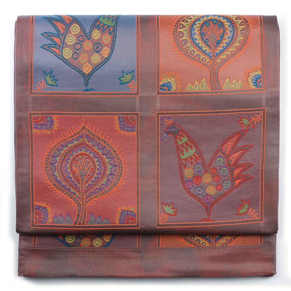 袋帯 リサイクル帯 幅31cm 長さ439cm レディース 鳥柄 秋冬春用 正絹（シルク）ブラウン 美品 リメイク リユース【ランクA】