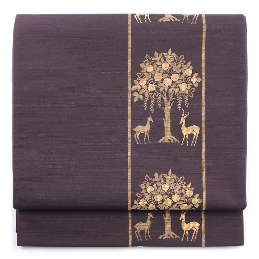 袋帯 リサイクル帯 幅31cm 長さ431cm レディース 鹿 秋冬春用 正絹（シルク）ブラウン 美品 リメイク リユース【ランクA】