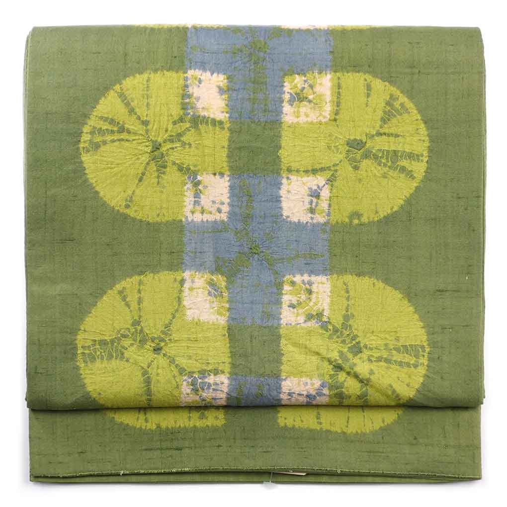 袋帯 リサイクル帯 幅31cm 長さ453cm レディース 絞り 秋冬春用 正絹（シルク）グリーン 美品 リメイク リユース【ランクA】