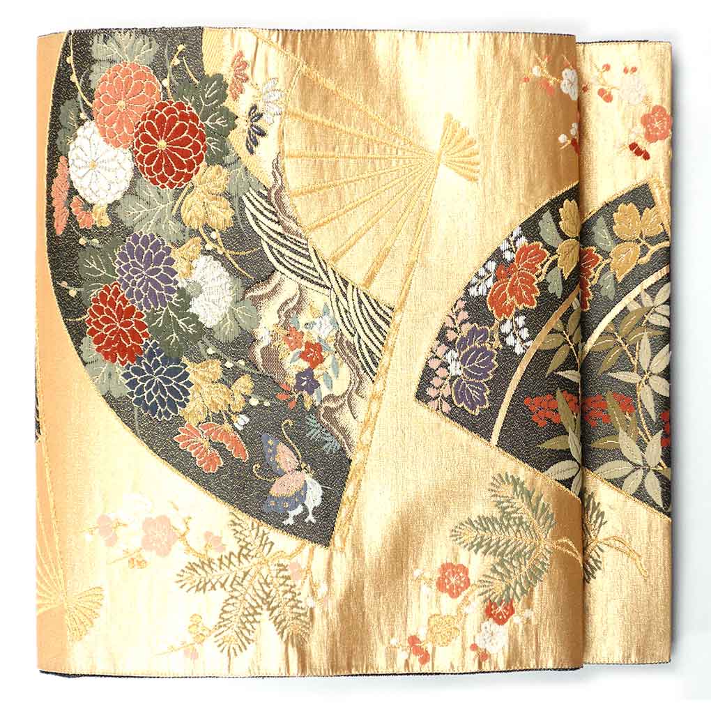 袋帯 リサイクル帯 幅31cm 長さ431cm レディース 扇面 秋冬春用 正絹（シルク）ゴールド 美品 リメイク リユース【ランクA】