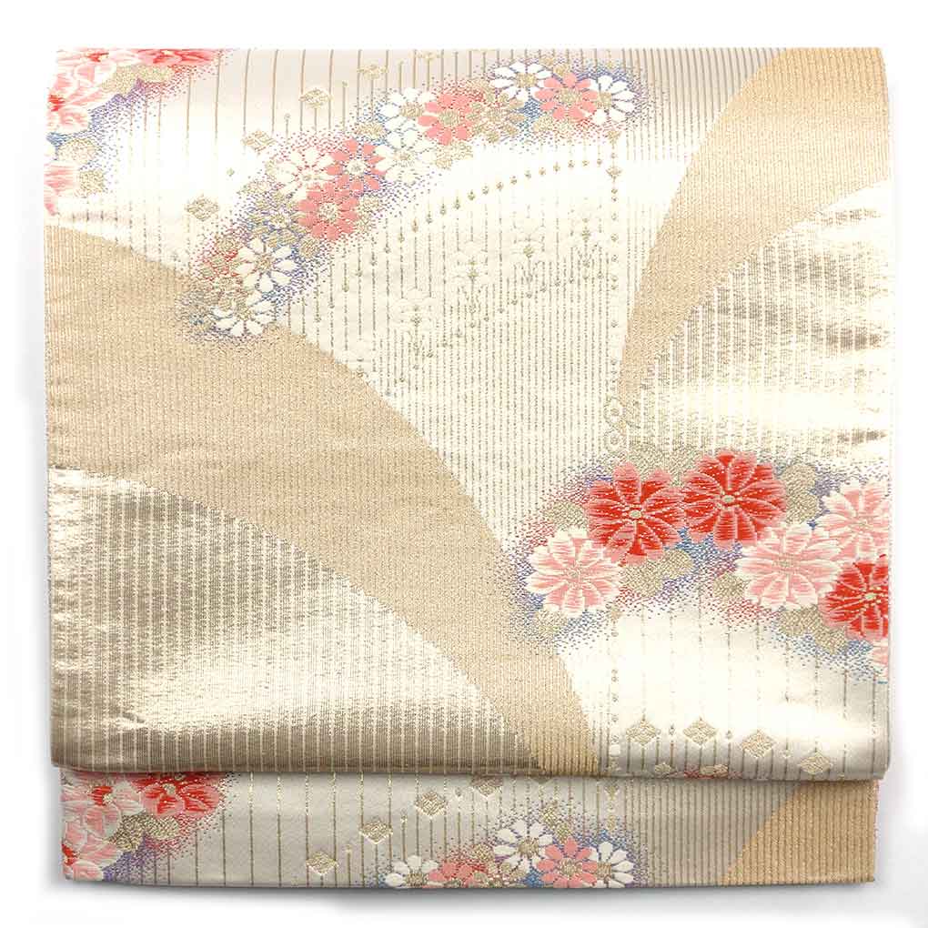 袋帯 リサイクル帯 幅30cm 長さ429cm レディース 花柄 秋冬春用 正絹（シルク）ゴールド 美品 リメイク リユース【ランクA】